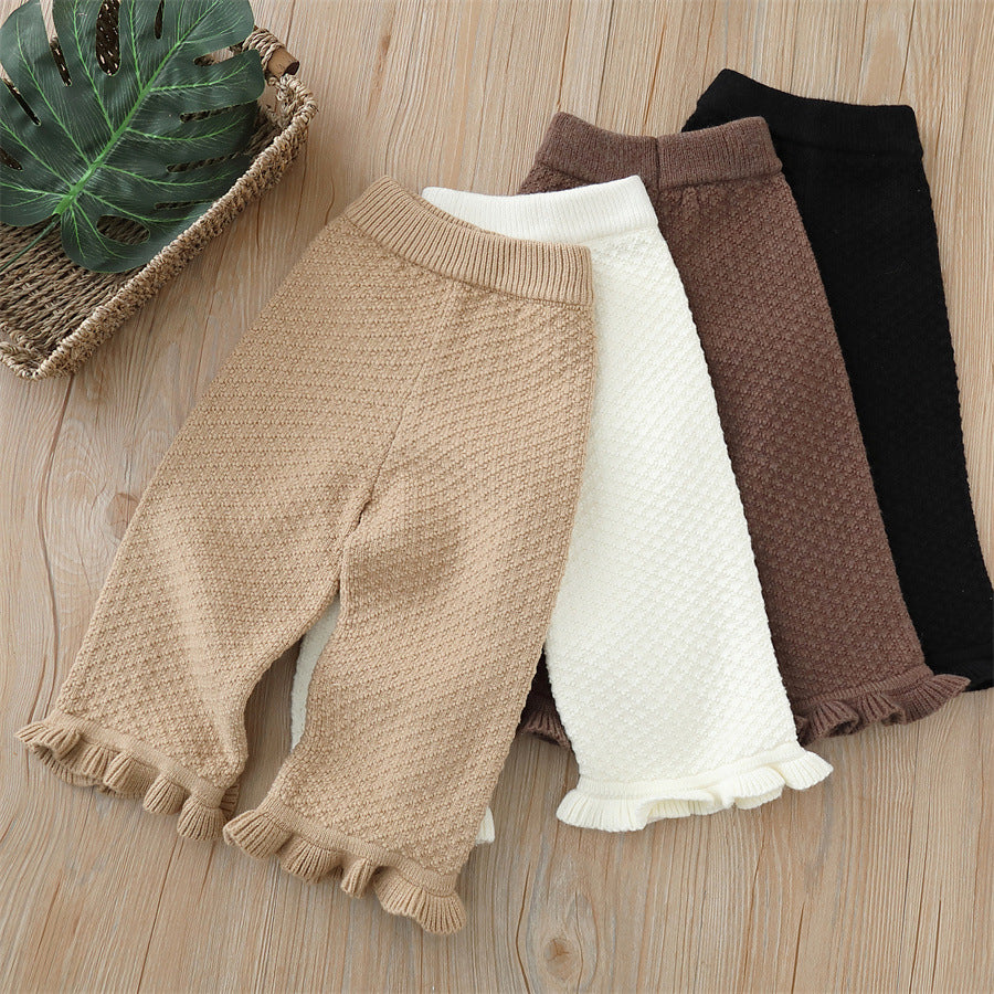 fall/winter new korean style knitted girls' leggings - lace trim wide leg casual pants