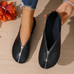 Exportplus sizeretropure color flat heel flatsnew arrivalniche style front zipper round toe low heel soft leather elegantgrandma shoes