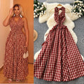 French chic fairycore dress - women's summer 3d floral halter neck cami dress with cinched waist and elegant flared plaid maxi skirt