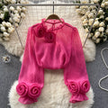 Frenchshirt women's sense of designniche style stereo flower puff sleeves age reduction easiest for matchpure color chiffon shirt women's long sleevestops