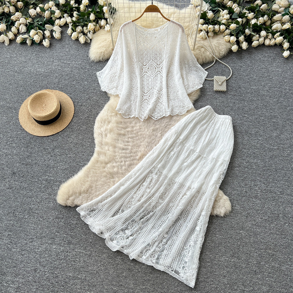 Gentle wind lacecut outeleganttwo-piece set women's summer pure desire wind silmslimming lookwork clothingelegancesuit
