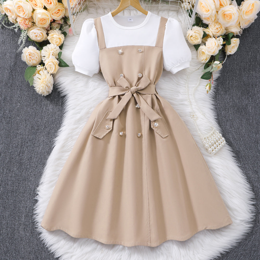 Big kids' (girls') dress, double-breasted suspender dress, short-sleeve faux two-piece dress