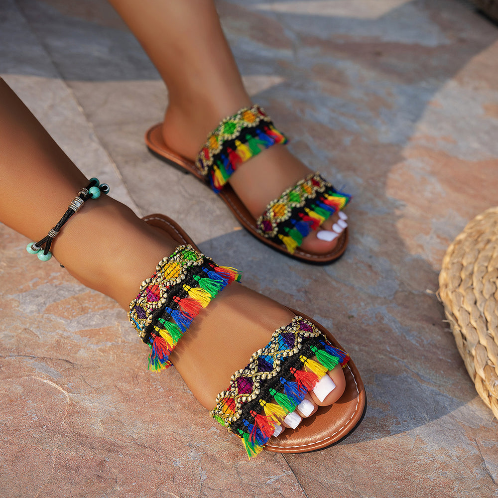 export tassel beach sandals women's  summer new bohemian flat large size slippers wholesale