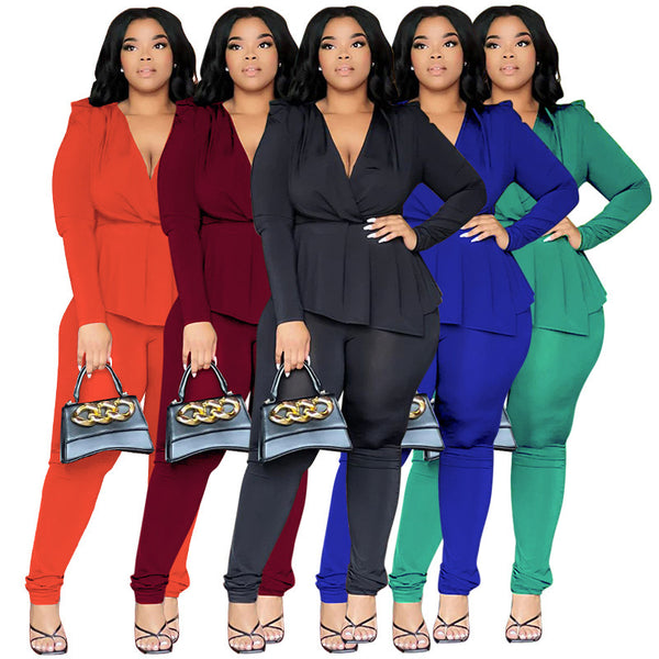 N7916  , Europe, America, Cross-border Africa Large Size Women's Clothing, Deep V-Neck Long Sleeve Pencil Pants Set New