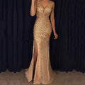 spring new european and american style women's foreign trade dress -  slit gold-embellished maxi dress evening gown