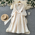 Luxury chic v-neck embroidered elegant dress - women's summer long sleeve tie-waist a-line dress - elegant and refined