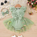Baby girl party outfit cute ribbed knit & mesh romper with headband set