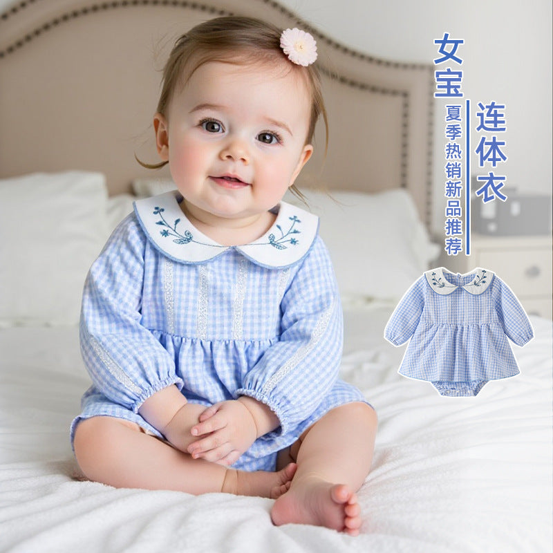 Autumn jumpsuit type a new arrival infant baby girl butt skirt doll collar embroidered plaid climbing suit