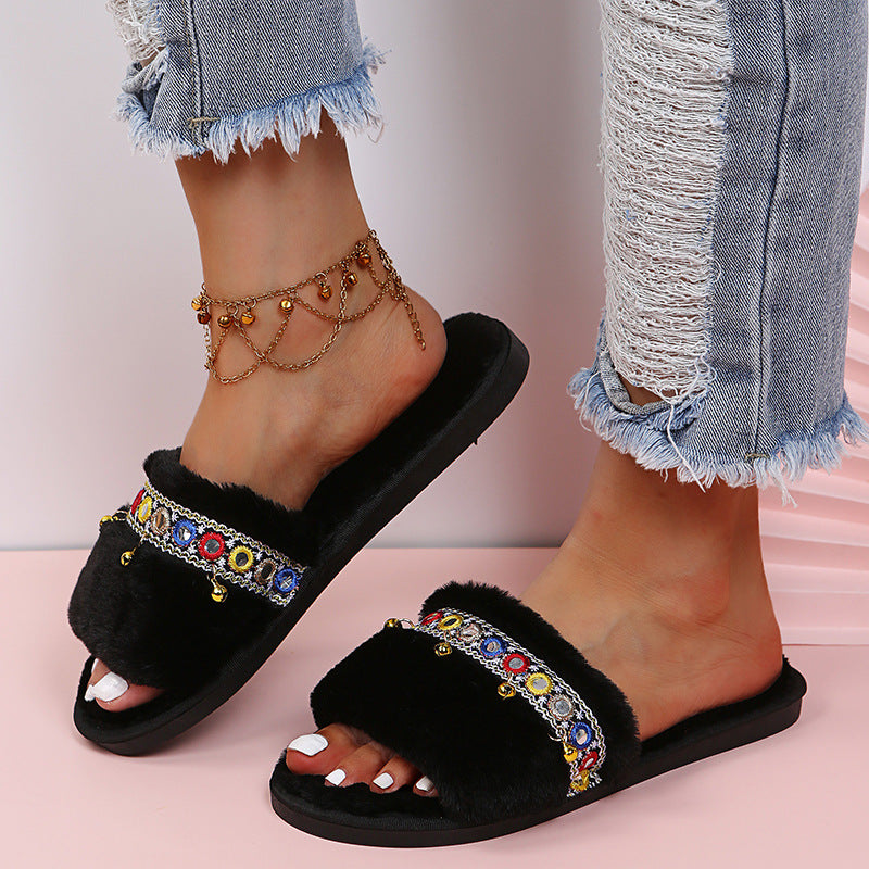 autumn and winter new arrival one-line soft bottom ethnic style fur slippers women's foreign trade large size fur ball heattech cotton dropshipping