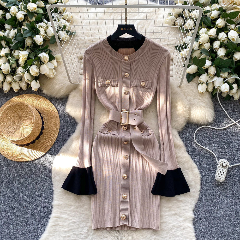 French chic, high-end, color block knit dress with metal buckle tie waist – perfect for autumn and winter