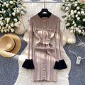 French chic, high-end, color block knit dress with metal buckle tie waist – perfect for autumn and winter