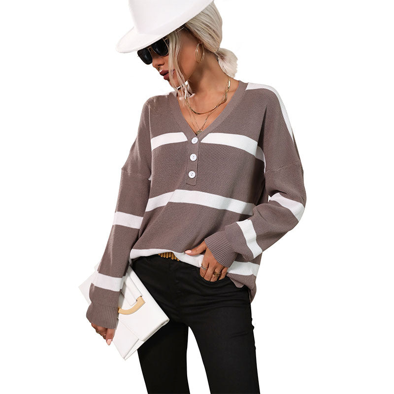 Independent Station Foreign Trade Wholesale 2023 Autumn New European and American Women's Cross-border Striped V-Neck Pullover Sweater