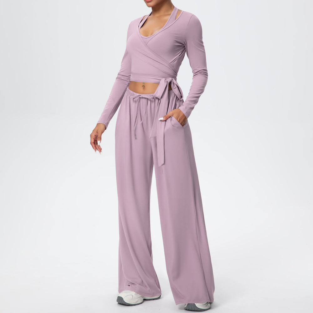 New brushed fleece quick-dry yoga outfit set - three-piece activewear with drawstring and tie details for sports, outdoor training, running, and fitness