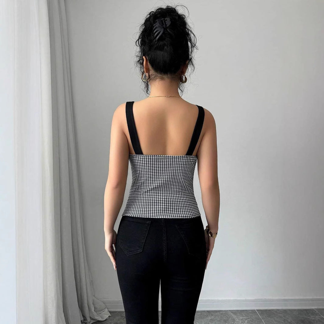 elegant slim-fit cardigan European and American  thousand-bird grid pattern single-breasted vest for women