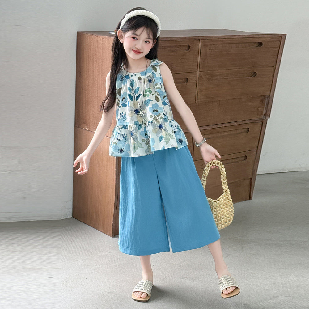 Girls' sleeveless summer outfit:  new summer style, trendy floral tank top and wide-leg pants two-piece set