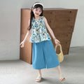 Girls' sleeveless summer outfit:  new summer style, trendy floral tank top and wide-leg pants two-piece set