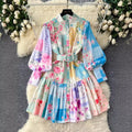 European and american style printed dress - women's niche luxury stand collar lantern sleeve cinched waist single-breasted ruffle hem mini dress