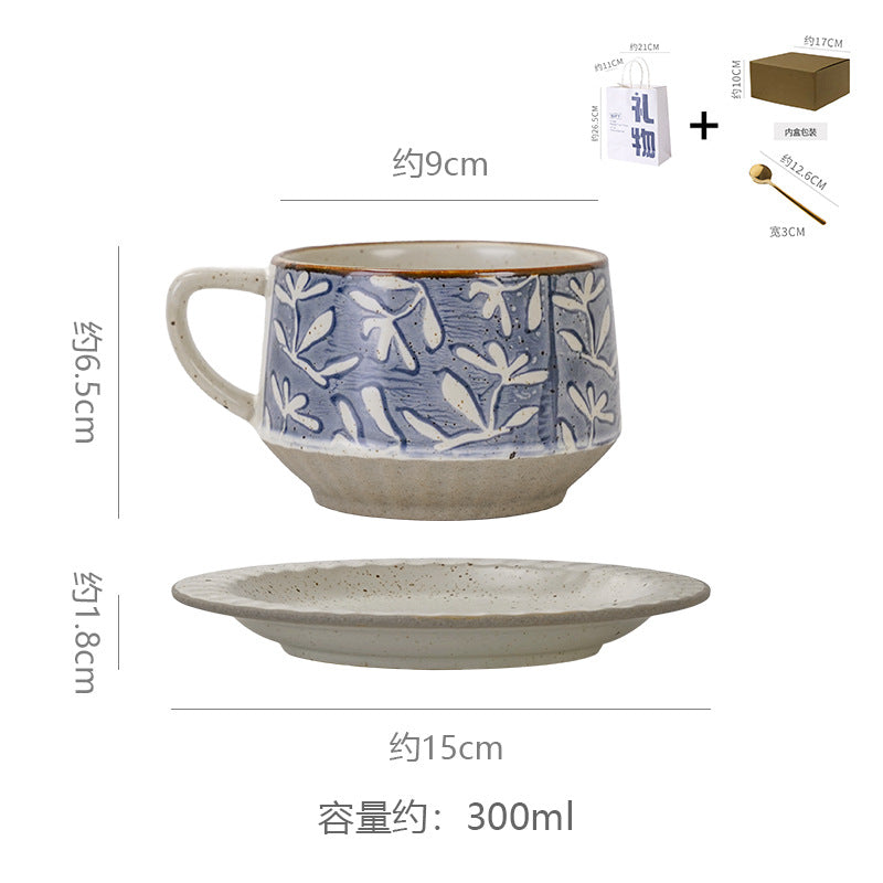 Vintage rustic pottery coffee cup and saucer set - hand-painted underglaze ceramic coffee cup - premium drinking cup - birthday & housewarming gift