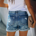 Fashion cross-border trade  new arrivaleasiest for matchslimming look one-row buckle ripped hem denim casualshorts women's trend