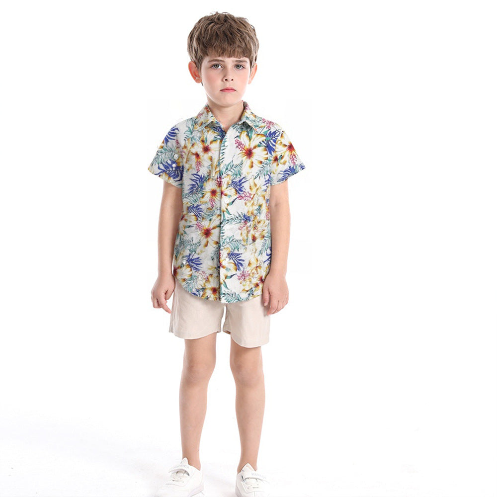 Export boys beach shirt tops new arrival summer vacation short sleeve hong kong style island style thin boys floral shirt