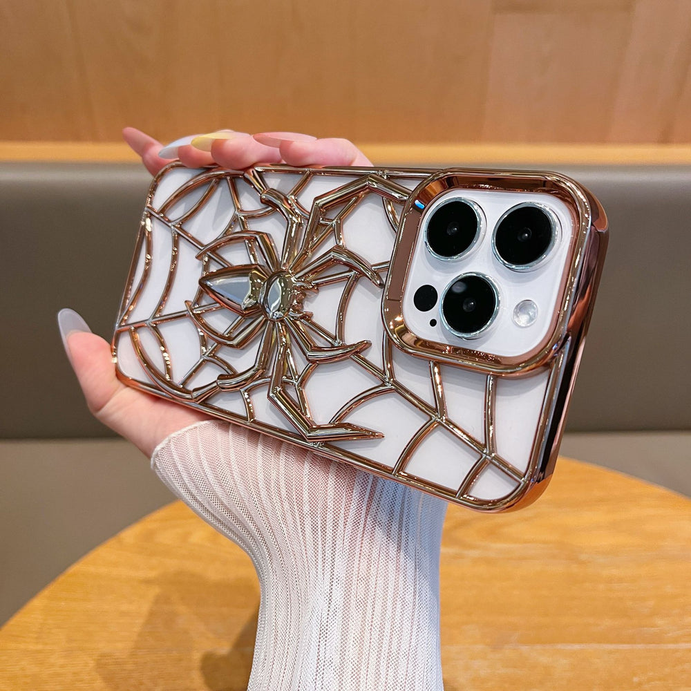 Fashionable 3d hollow electroplated spider design phone case for apple 17 pro max, iphone 13, export quality, 16mm drop protection
