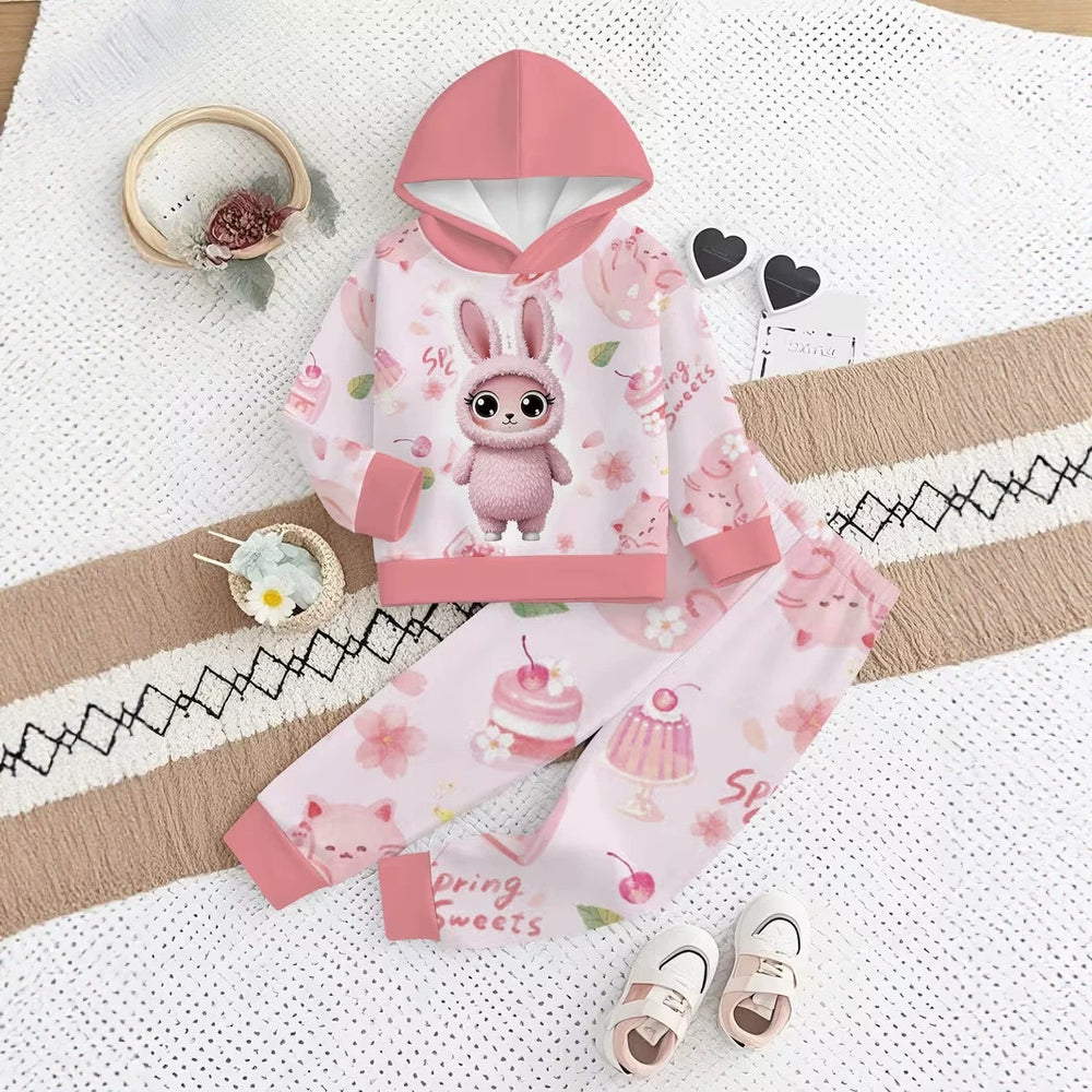 Kids' hoodie set, cross-border hot-selling cartoon animal print girls' fashion hooded sweatshirt and sweatpants set