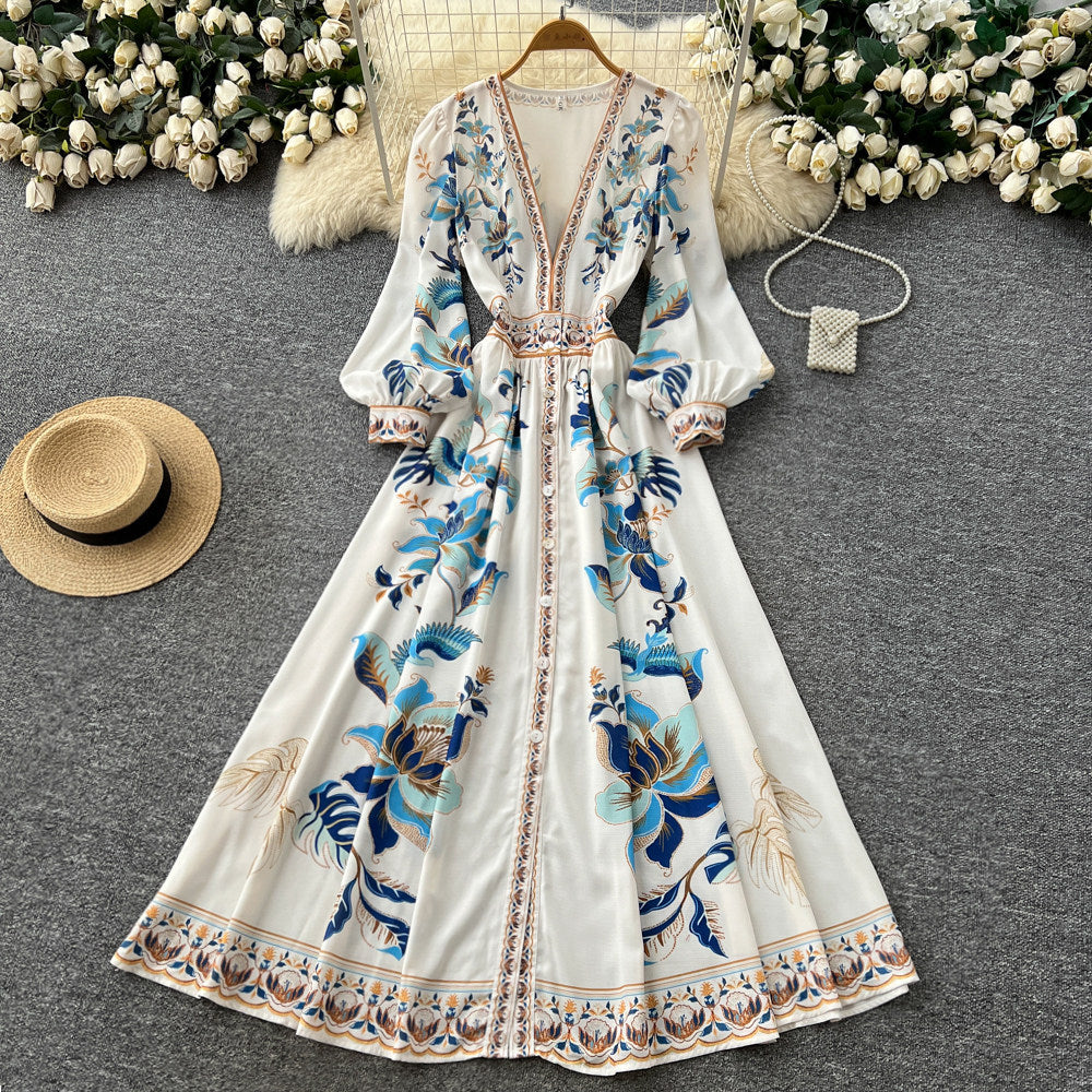 Frencheleganceretro style printingsilmdress women's long sleevesv neck waist slimming look a-line long skirt classy sense