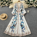 Frencheleganceretro style printingsilmdress women's long sleevesv neck waist slimming look a-line long skirt classy sense