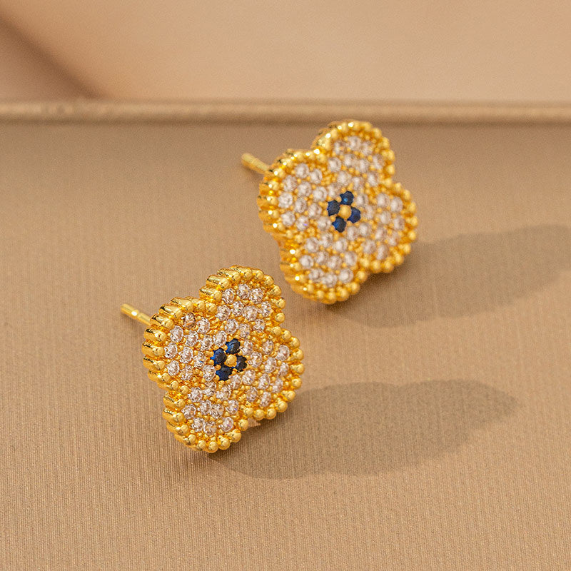 popular zircon-inlaid four-leaf clover necklace, accessible luxury, niche women's summer fashion, non-fading clavicle chain earrings jewelry