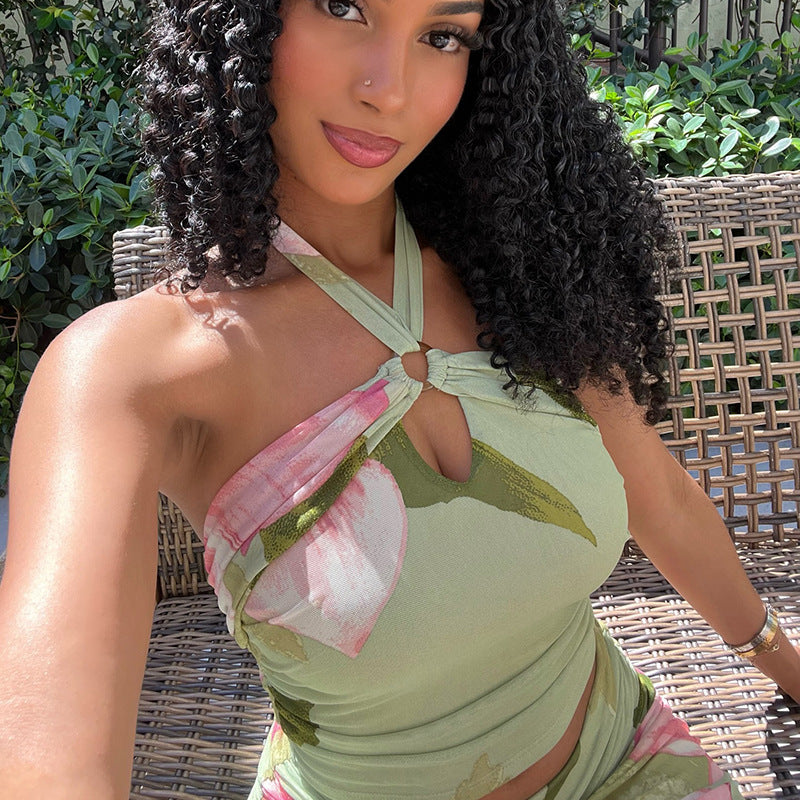 European and american style cross-border casual beach women's printed summer fresh skirt set, criss-cross halter backless trendy two-piece outfit