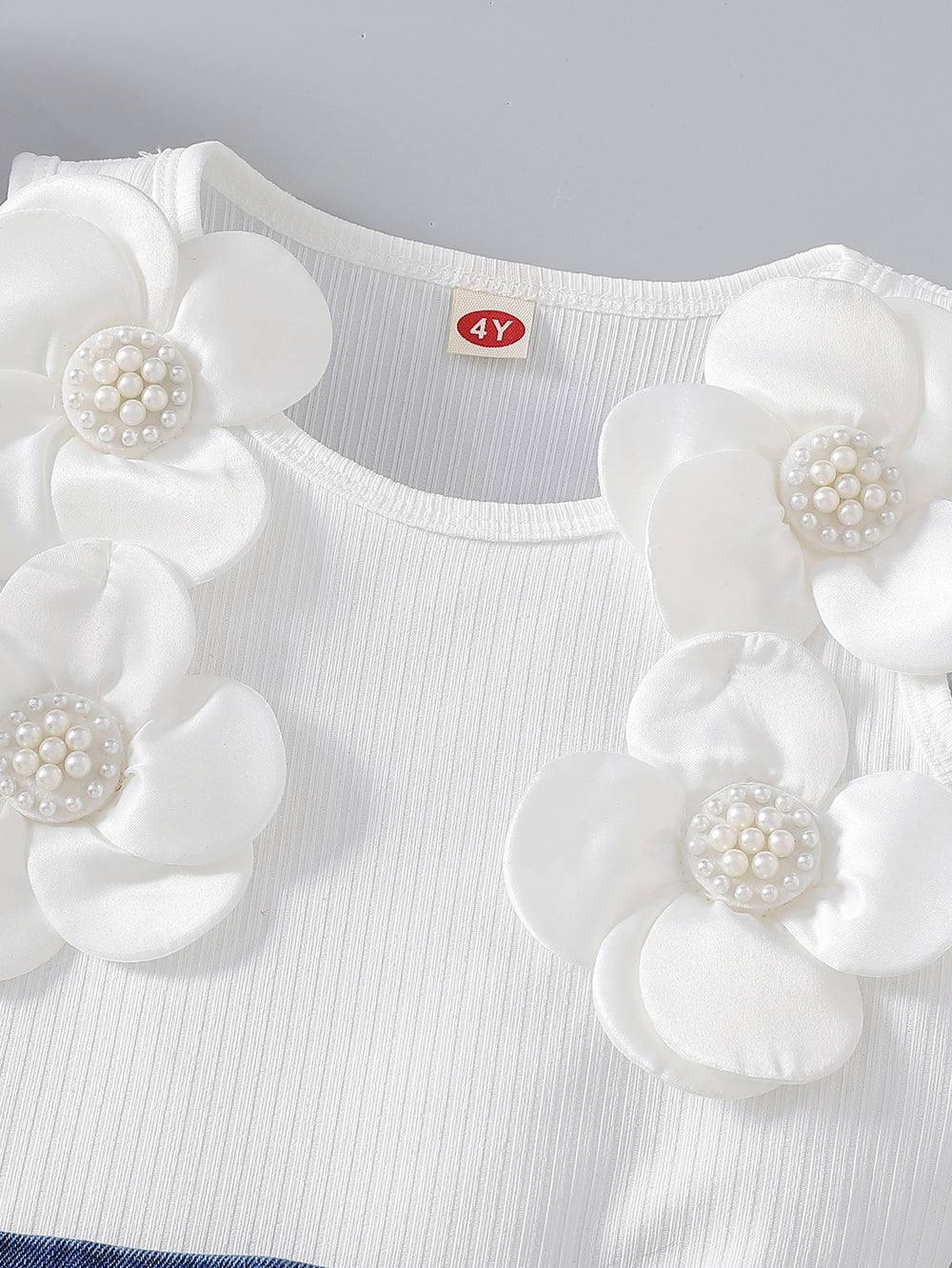cross-border girls' fashion set: european & american style floral top + irregular bowknot beaded denim jeans