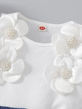 cross-border girls' fashion set: european & american style floral top + irregular bowknot beaded denim jeans