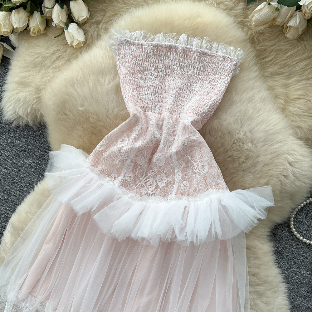 Fairy styletube tophalterlacepatchworkdress women's summer sleeveless high waist large swing long skirt sense of design waist skirt