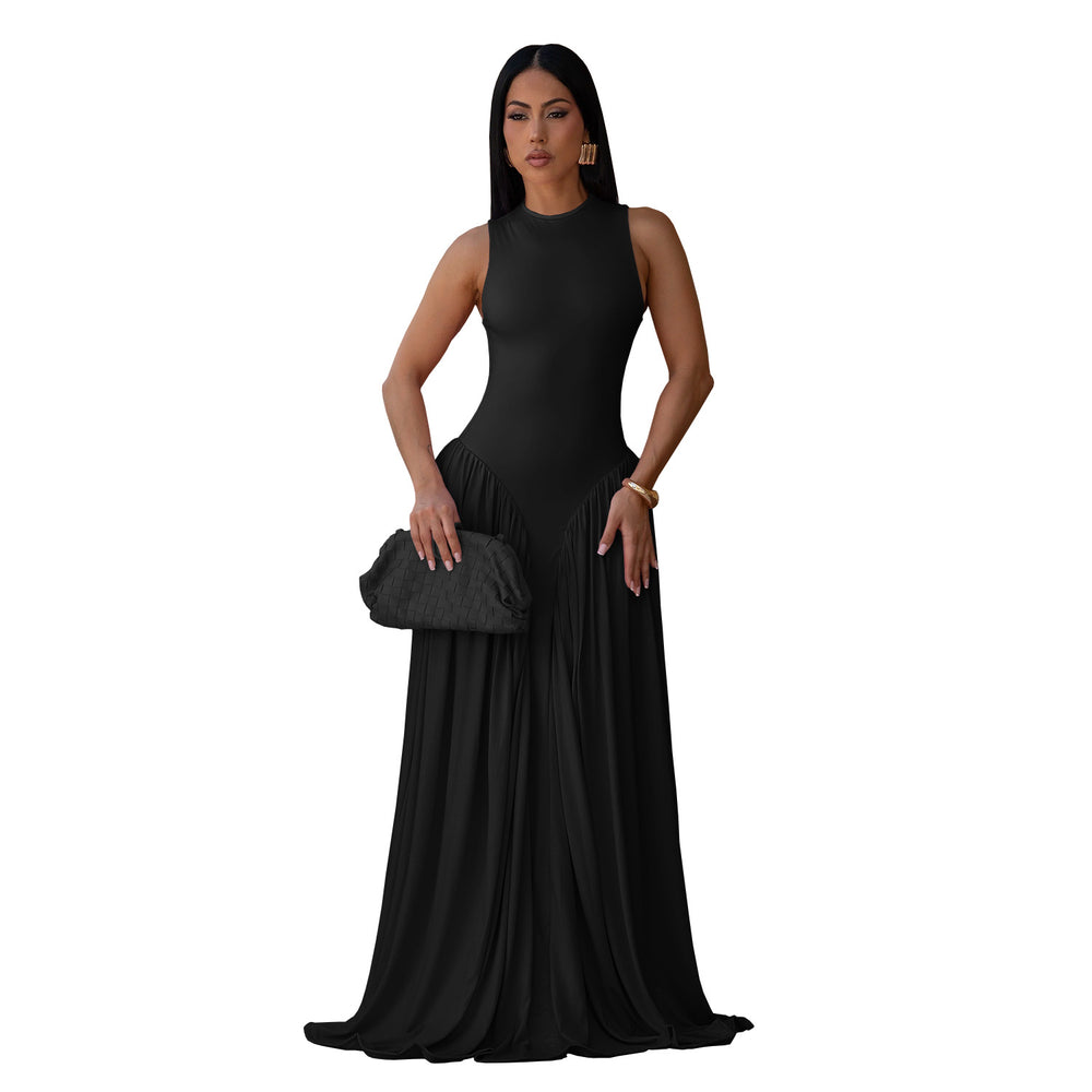 C7713 cross-border   fashion women's elegant solid color round neck sleeveless dress