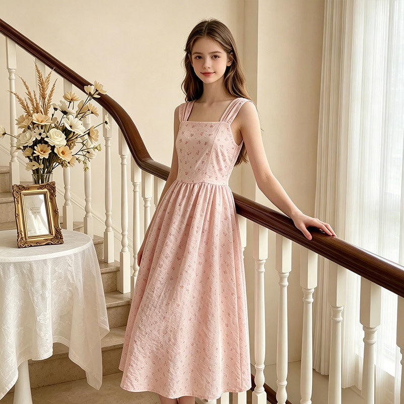 Youth dress french floral suspender skirt lace retro sweet new niche styleclassyelegant silm