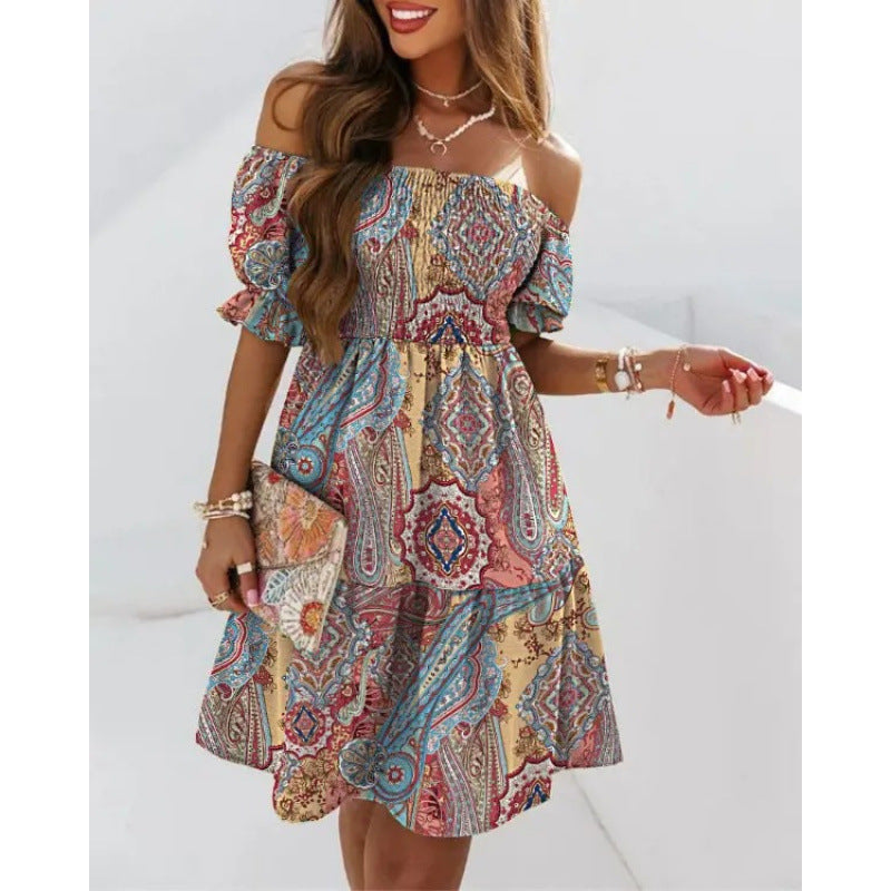 european and american independent station  new arrival short sleeve one-line collar waist pleated printingdress