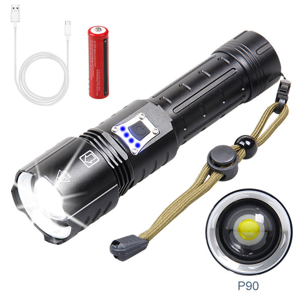 New  XHP90 strong light USB charging, power display white laser LED telescopic zoom output flashlight