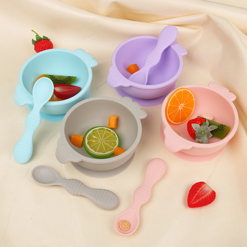 Food grade silicone complementary food bowl baby tableware set with spoon suction cup anti-drop child feeding tableware silicone bowl