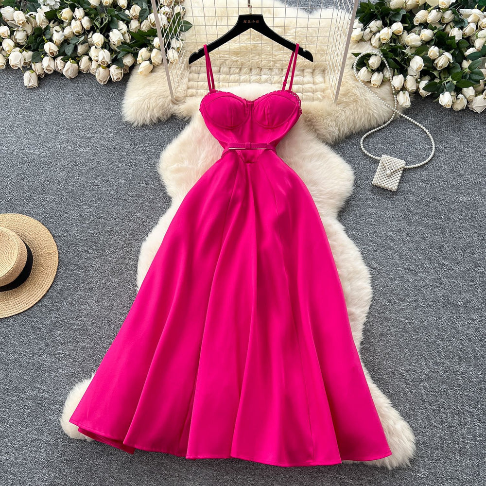 High-end elegance dress women's summer frenchaccessible luxury celebrity lace patchwork waist elegant suspender large swing dress