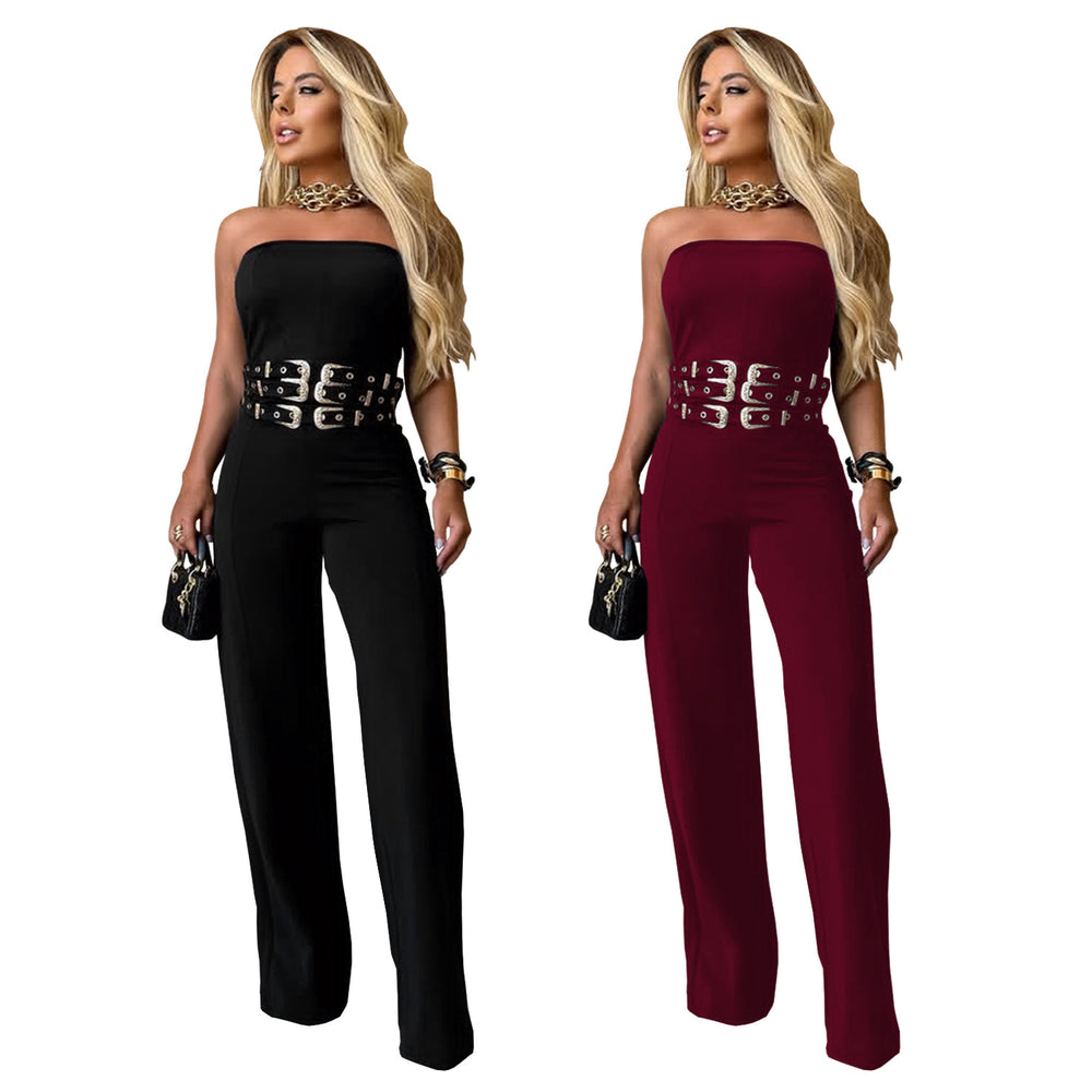 C7483 cross-border   fashion women's casual sexy bandeau metal buckle jumpsuit new