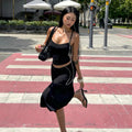 European and american style women's summer  new sexy solid color camisole inner layer top with slim-fit pleated midi skirt set