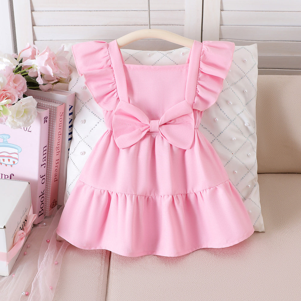 summer girls' tank top pink big bow flutter sleeve dress kids sweet sleeveless dress children's clothing in stock