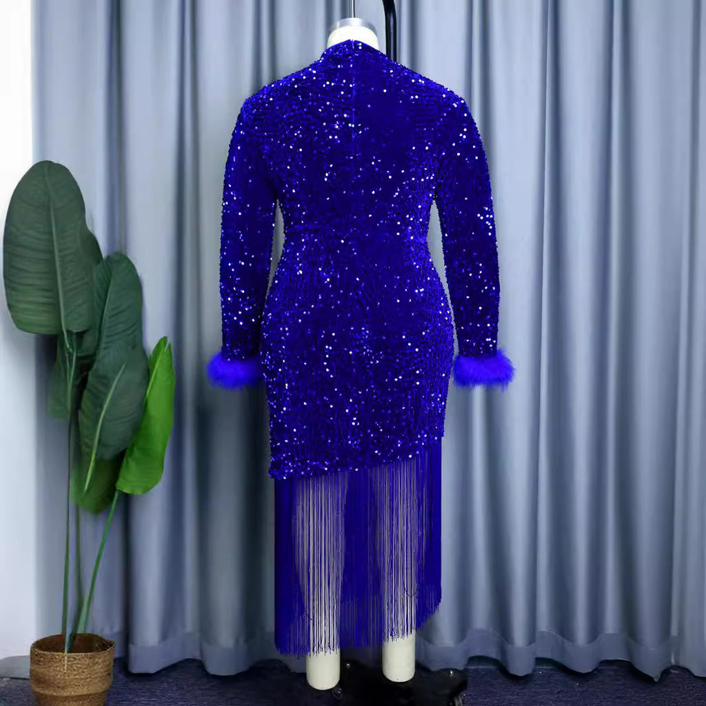 AM030703 Christmas Dress Long Sleeve Skirt, Party Banquet Ball Costume Tassel Sequin Dress Dress