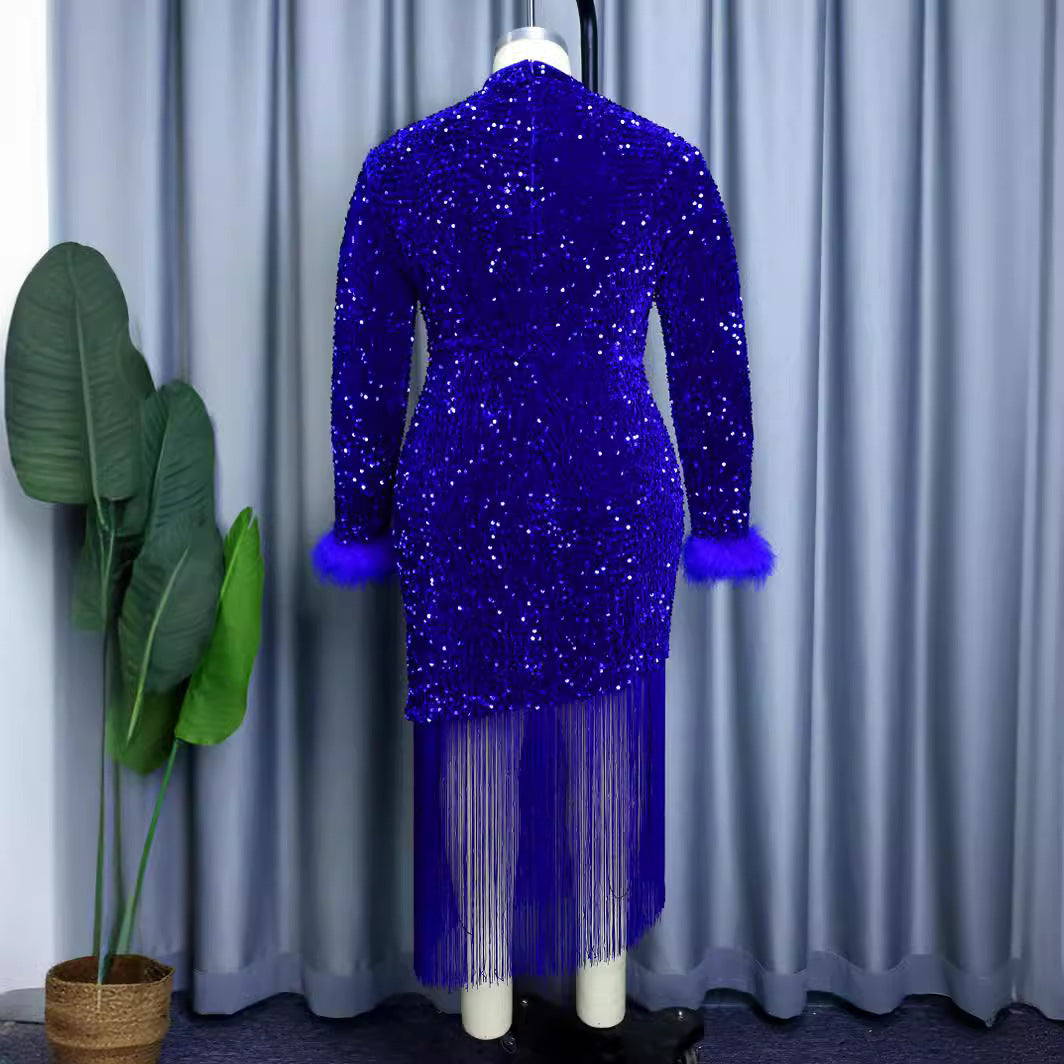 AM030703 Christmas Dress Long Sleeve Skirt, Party Banquet Ball Costume Tassel Sequin Dress Dress