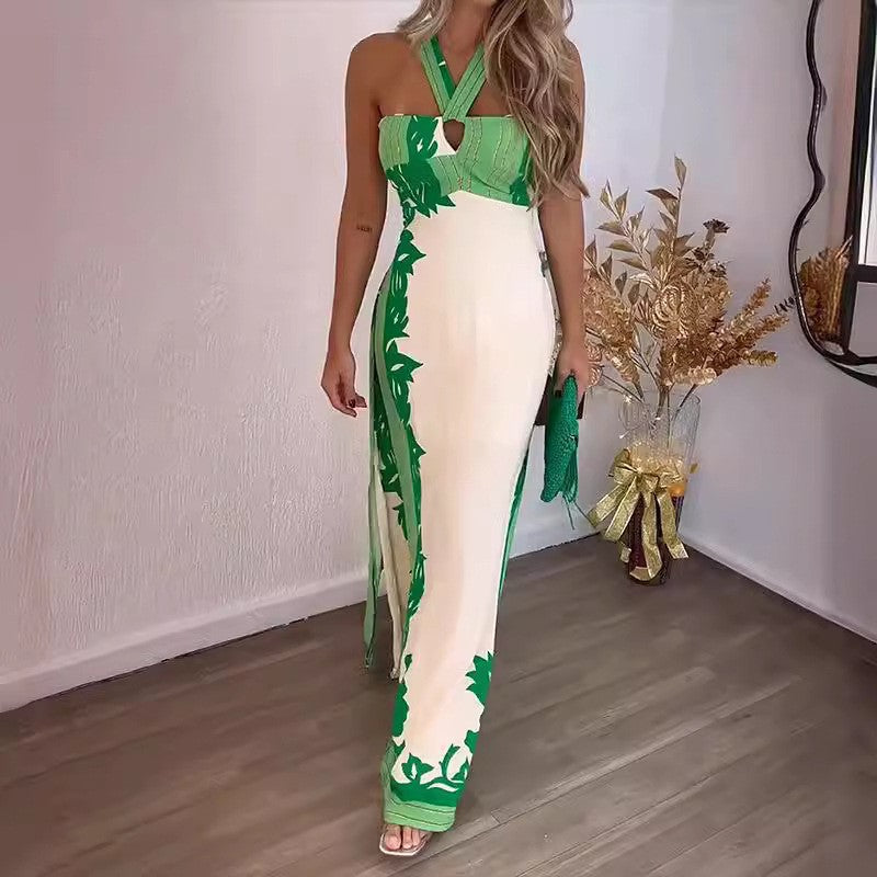 2025 summer new arrival: european and american style halter neck sexy color block fashion vacation beach long printed dress - women's apparel