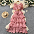 French red polka dot a-line dress - high waist, slimming, tiered cake skirt, elegant workwear maxi dress