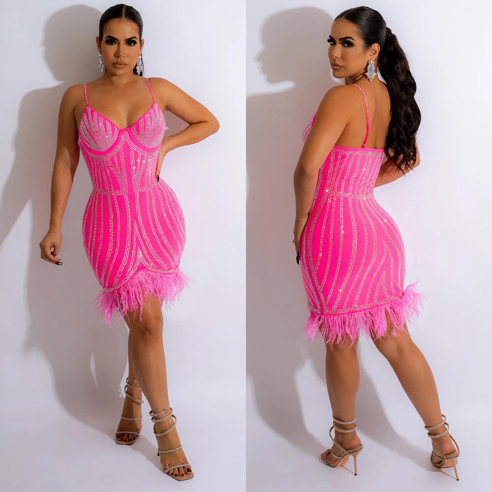 C6156 cross-border   fashion women's sleeveless bandeau dress with hotfix rhinestones and feather straps