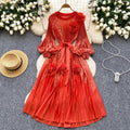 Palace style classyprinting lantern sleeve dress women's spring strap stereo flower pleated super fairy long skirt
