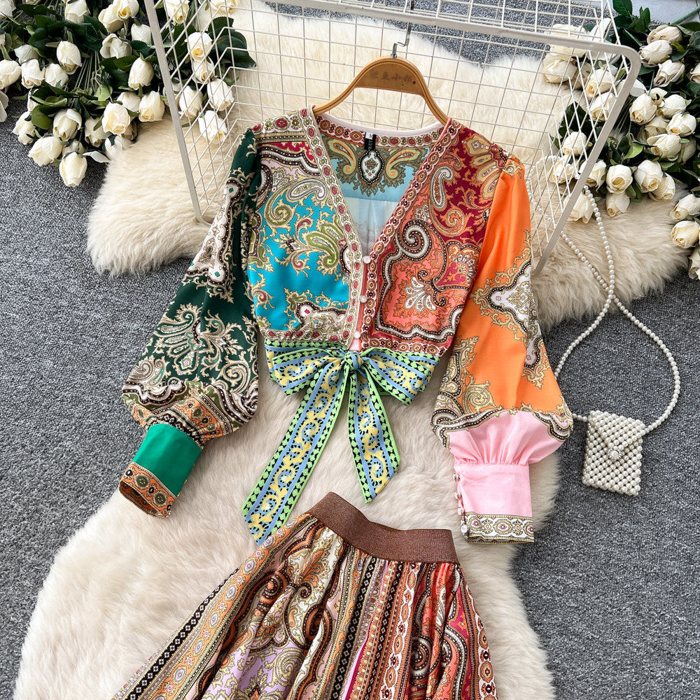 Vacation style printingtwo-piece set women's autumv neck three-quarter sleeve topsasymmetrical skirtelegantsuit