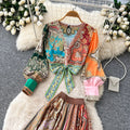 Vacation style printingtwo-piece set women's autumv neck three-quarter sleeve topsasymmetrical skirtelegantsuit